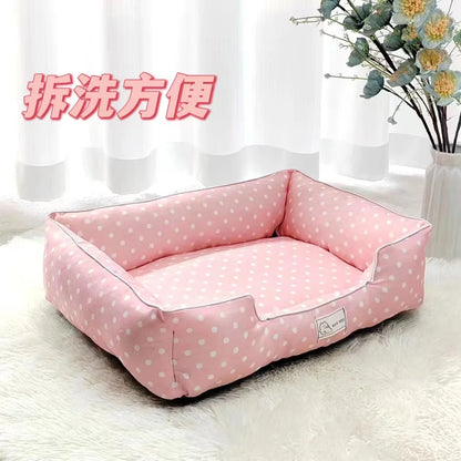 Removable Washable Pet Bed - Polka Dot All Season Mat for Small Medium Dogs Cats, Plush Cushion for Dachshund Puppy
