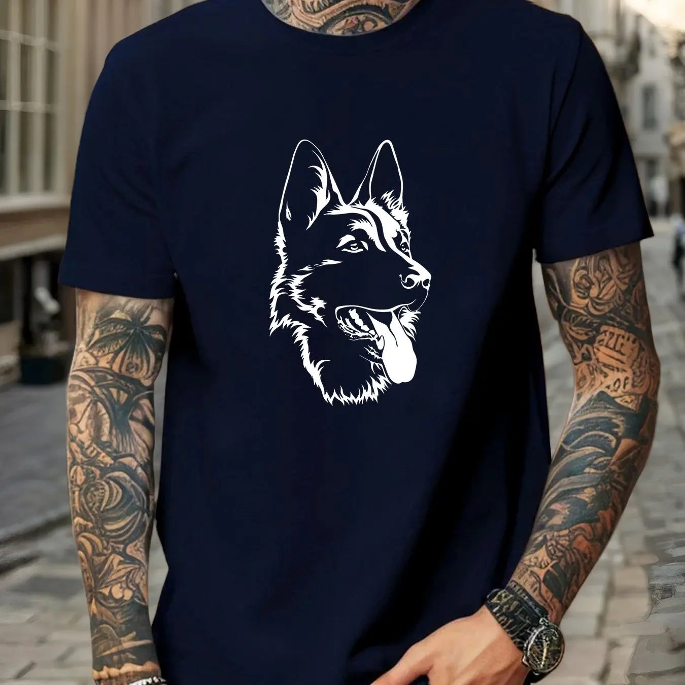 the SHEPHERD SILHOUETTE - Men German Shepherd Graphic Cotton T-Shirt - Casual Crew Neck Short Sleeve Summer Tee with Dog Print, Men Clothing