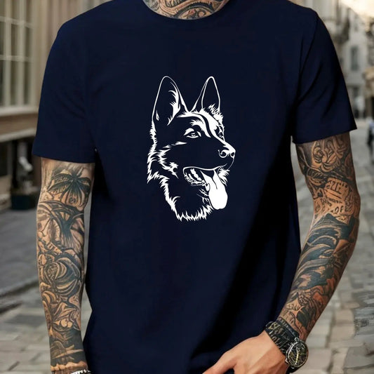 the SHEPHERD SILHOUETTE - Men German Shepherd Graphic Cotton T-Shirt - Casual Crew Neck Short Sleeve Summer Tee with Dog Print, Men Clothing