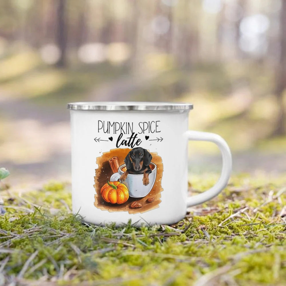 Pumpkin Leaves Dog Cat Printed Enamel Mugs Coffee Cups Fall Thanksgiving Party Wine Juice Mug Handle Cup Autumn Holiday Gifts