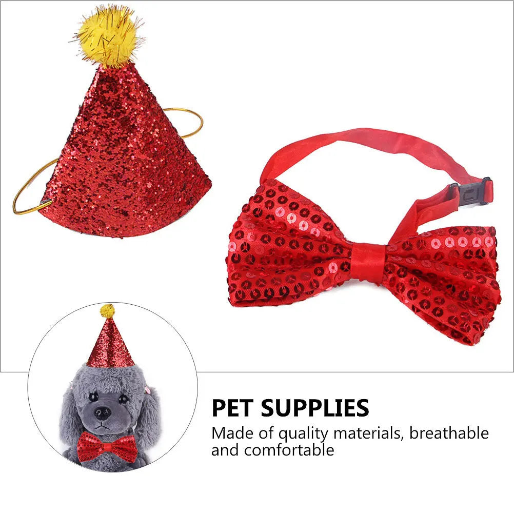 the GOLD/RUBY BIRTHDAY DOG - 4PCS Pet Birthday Hat, Bow Tie Set for Small/Medium Dogs & Cats, Shiny Sequins Party Accessories, Pet Dog Birthday Hat Set