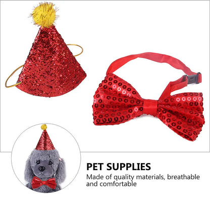 the GOLD/RUBY BIRTHDAY DOG - 4PCS Pet Birthday Hat, Bow Tie Set for Small/Medium Dogs & Cats, Shiny Sequins Party Accessories, Pet Dog Birthday Hat Set