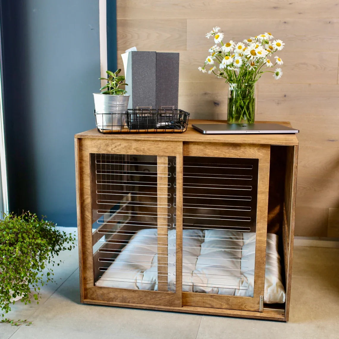 the ZEN DOGGY - Modern Wooden Dog Crate with Acrylic Front Panel and Door with A Latch, Wooden Dog Crate Furniture