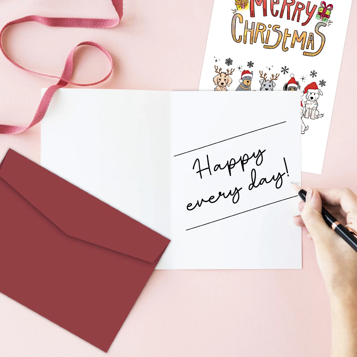 Festive Christmas Dogs Greeting Card,Cute Puppy with Santa Hat & Elk Horns Christmas Cards,Novelty Holiday Gift for Dog Lovers