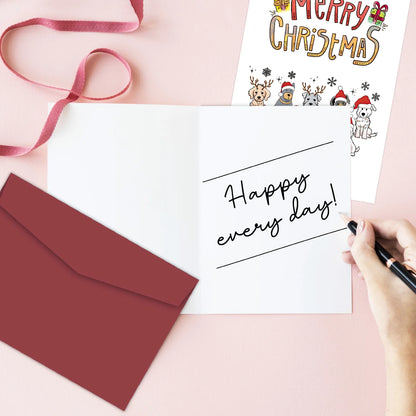 Festive Christmas Dogs Greeting Card,Cute Puppy with Santa Hat & Elk Horns Christmas Cards,Novelty Holiday Gift for Dog Lovers