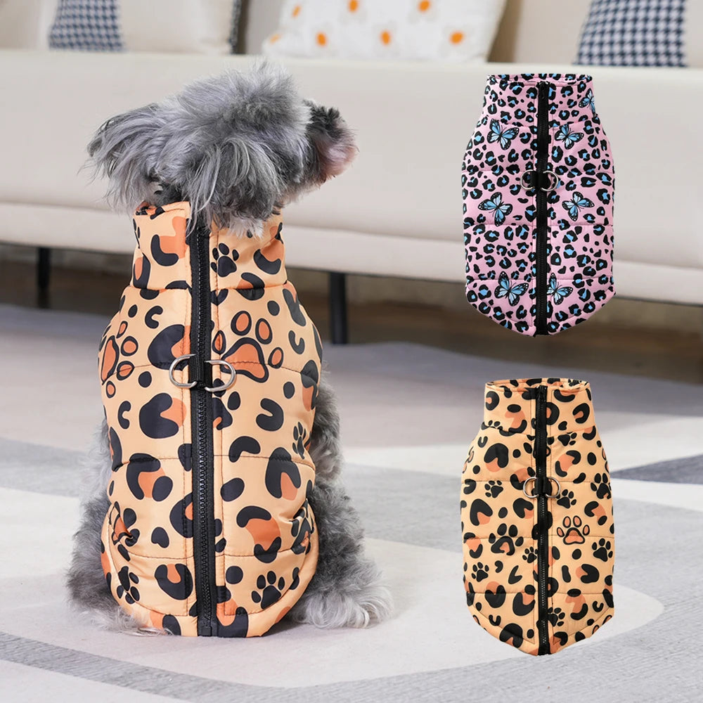 Dog Jacket Warm Winter Pet Clothes For Small Medium Dogs Cats Leopard Print Chihuahua Yorkie Vest Coat With D-ring Puppy Costume