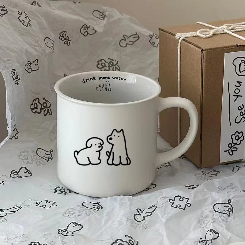 Premium Frosted Small Dog Mark Cup, Korean INS Breakfast Coffee Cup, Ceramic Cup Black and White Couple Cup Gift Box Set