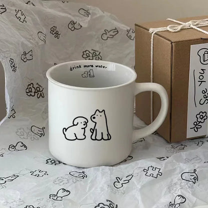 Premium Frosted Small Dog Mark Cup, Korean INS Breakfast Coffee Cup, Ceramic Cup Black and White Couple Cup Gift Box Set