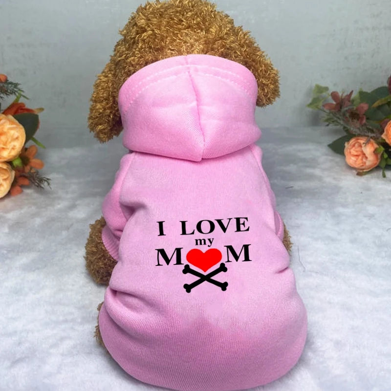 I Love My Mom Printed Dog Clothes Chihuahua Yorkshire Frenchie Pugs Autumn Winter Spring Fleece Lining Small Medium Pet Hoodies