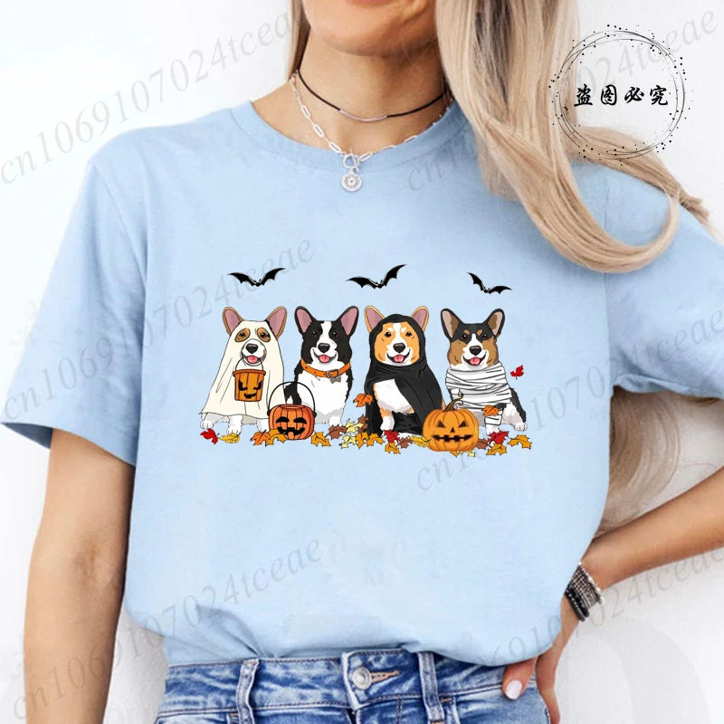 the COSTUME CANINES - Halloween Dog Fashion T-Shirt Tops, Women Harajuku Graphic Tees, Shirt Femme Corgi Dogs Halloween Women's T-Shirt