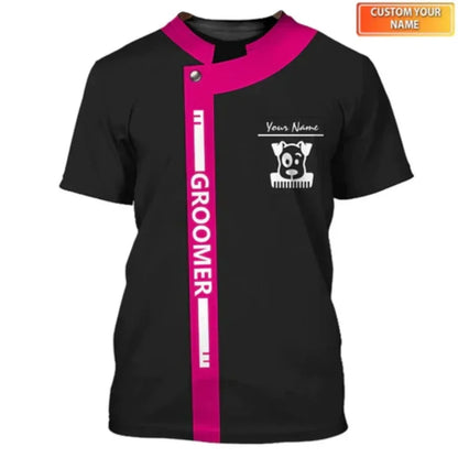 the GROOMER - Dog Grooming Graphic Printed Casual T-Shirts, Pet Groomer Customized Oversized Workwear, EU Size Unisex Pullover