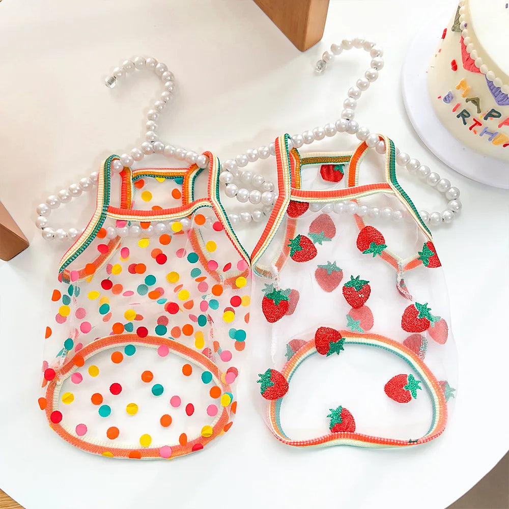 Pet Strap Sunscreen Vest Mesh Strawberries Dog Vests Dog Cat Clothing Supplies Thin Teddy Bear Colorful Dot Top Puppy Clothes