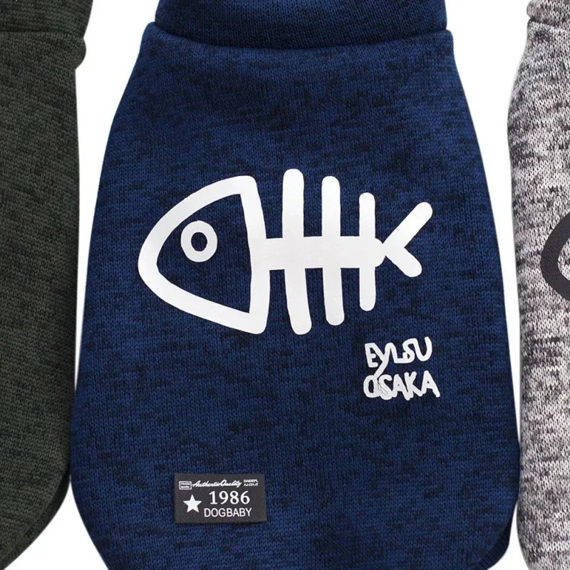 Cute Fleece Pet Clothes Fish Bone Pattern Warm Dog Hoodie Sweater Autumn Winter Dog Vest Button Dogs Short Sleeve Jacket Vest