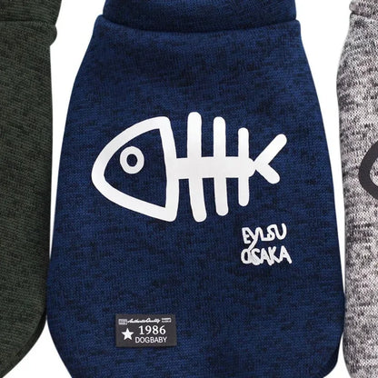 Cute Fleece Pet Clothes Fish Bone Pattern Warm Dog Hoodie Sweater Autumn Winter Dog Vest Button Dogs Short Sleeve Jacket Vest