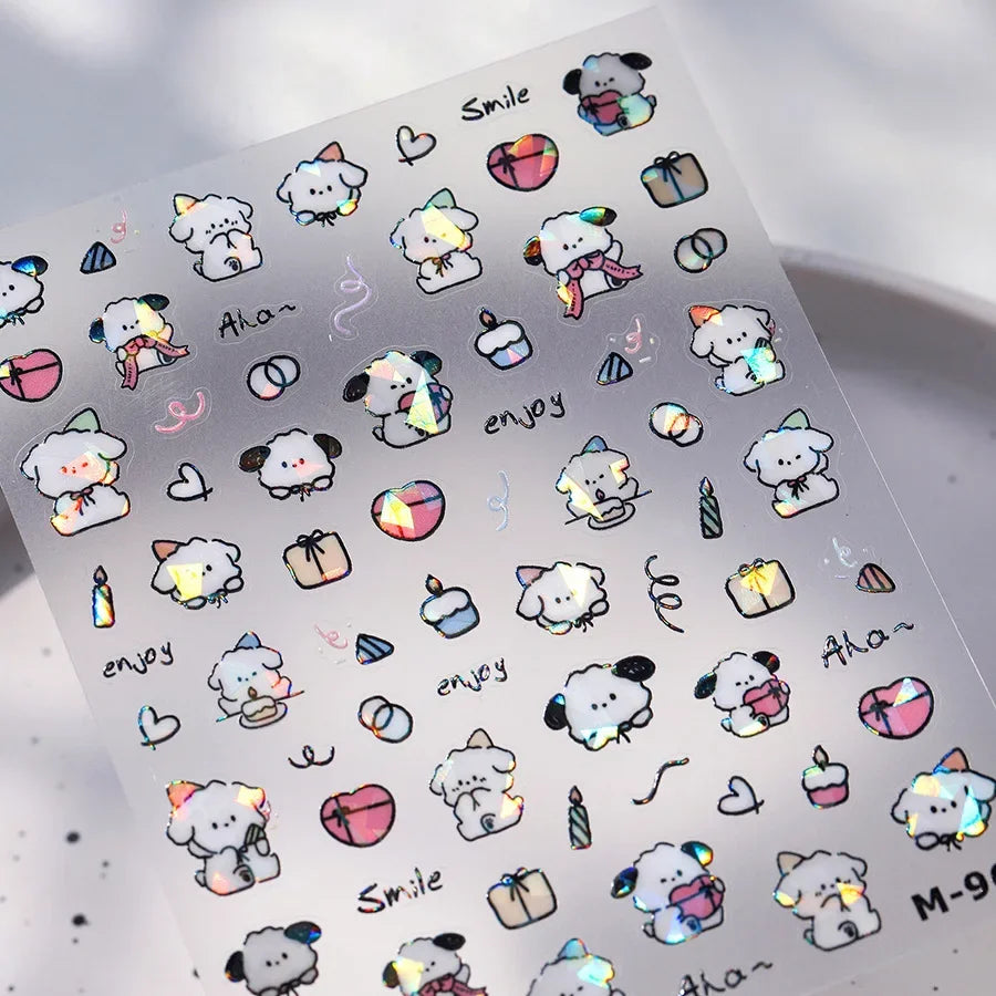 Colorful Balloon Cute Puppy Flower Cherry Bowknot Love Happy Dog Animal Self Adhesive Nail Art Sticker Decoration Manicure Decal