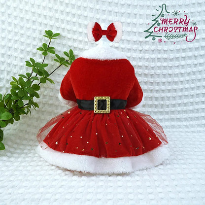 the CHRISTMAS BELLE DRESS - Christmas Red Mesh Dog Dress with Bow Headpiece, Festive Outfit for Small & Medium Dogs