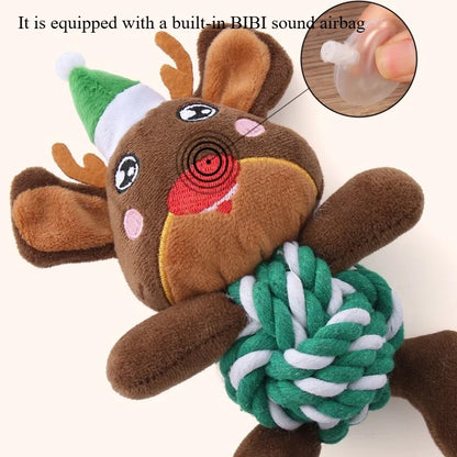 the MERRY PLUSH MUNCHERS - Christmas Plush Dog Toys with Cotton Rope & Squeakers, Chew Resistant Animal Dental Toys for Puppies, Teething Chew Toys