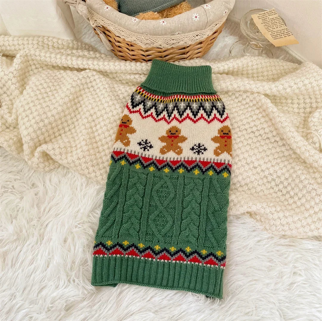 Christmas Dog Sweater with Reindeer Pattern, Red Green High Neck Pullover for Dogs Cats, Warm Winter Puppy Clothes Holiday Wear