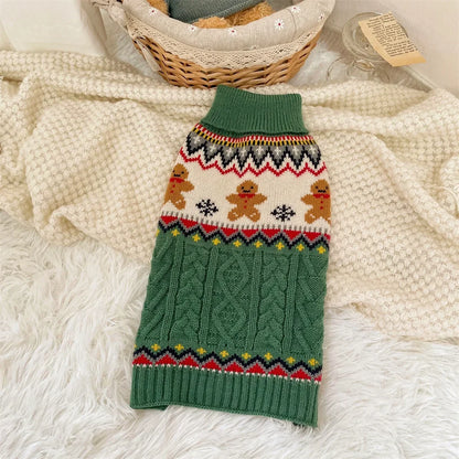Christmas Dog Sweater with Reindeer Pattern, Red Green High Neck Pullover for Dogs Cats, Warm Winter Puppy Clothes Holiday Wear