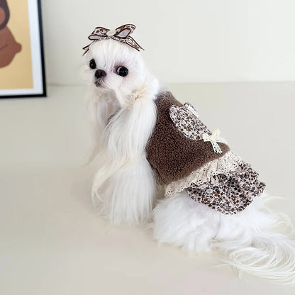 Pet Flower Plush Coat Dog Flower Cake Skirt Cute Dog Plush Hat Dog Clothes Winter Bear Flower Plush Thick Vest Coat Bottom Skirt