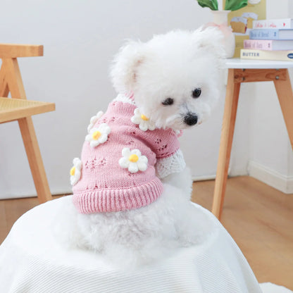 1PC Flower Sweater Pet Clothes Dog Cat Autumn Winter Thickened Warm Elastic Pink Pullover Knitted Sweater