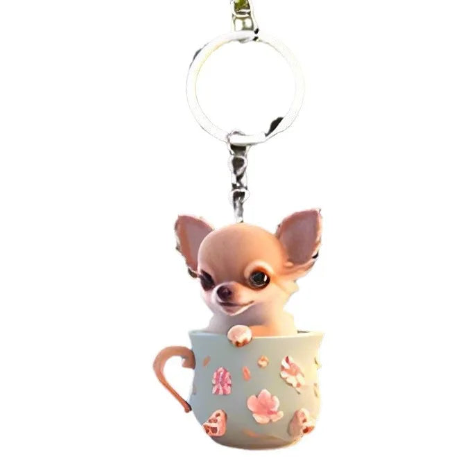 Acrylic 2D Teacup Puppy Keychain for Women Cute Chihuahua Dog Bag Pendant Car Decoration Accessories Key Chain Girl Jewelry Gift