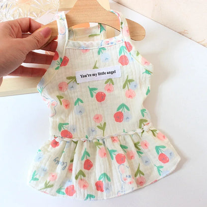 Cotton INS Cherry Pet Puppy Skirt Dog Clothes Small Dog Pomeranian Dresses Teddy Summer Floral Suspender Skirt Puppy Clothing