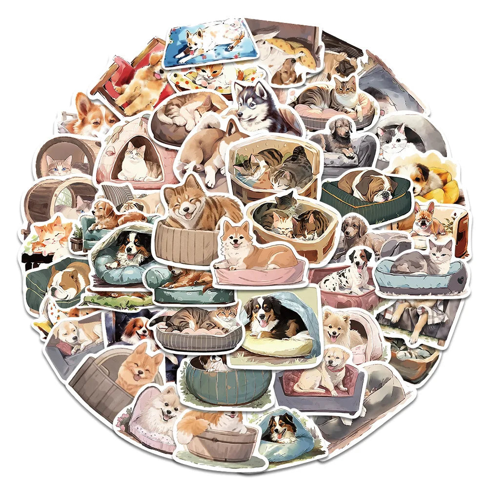 50PCS Cute Pet Animal Comfortable Dog Cat Sticker Cartoon Decals Laptop Notebook Phone Fridge Decoration Sticker Toys