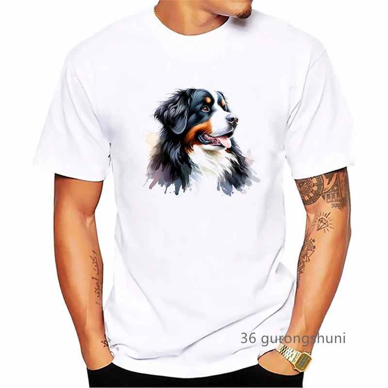 the BERNESE - Bernese Mountain Dog Animal Printed T-Shirt, Men's Clothing Funny White T-Shirt, Homme Summer Fashion T-Shirt