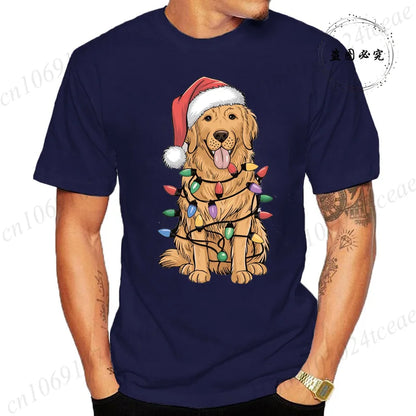 the GOLDEN CHRISTMAS - New Men's T-Shirts Christmas Golden Retriever Print T-Shirts, Round Neck Short Sleeve Casual T-Shirt, Happy New Year Dog Shirts