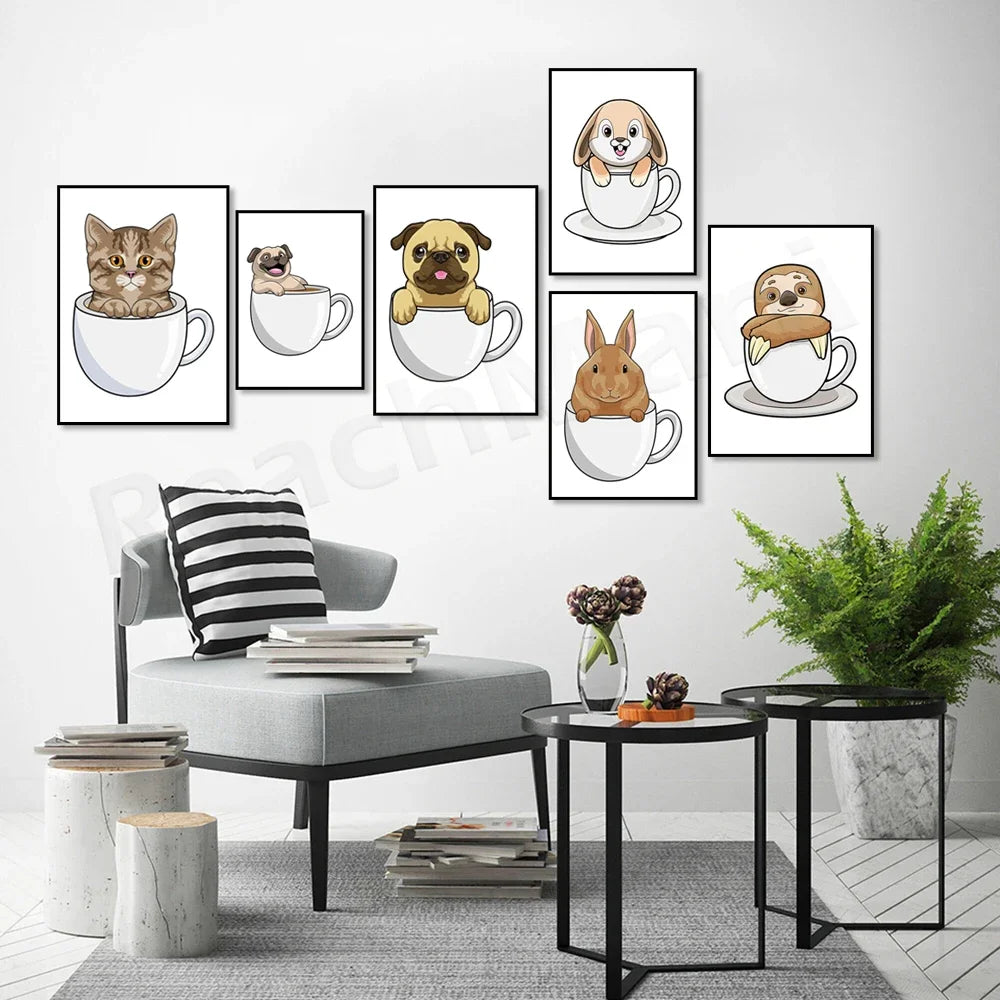 Cat in coffee mug, guinea pig, pug, rabbit, elephant, cat, mug animal canvas poster art picture home decor