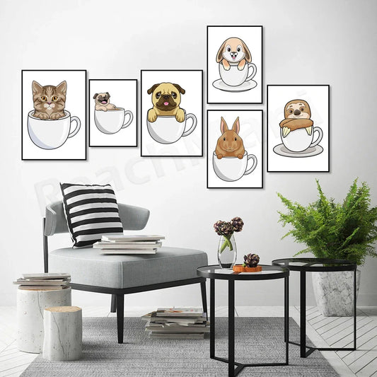 Cat in coffee mug, guinea pig, pug, rabbit, elephant, cat, mug animal canvas poster art picture home decor