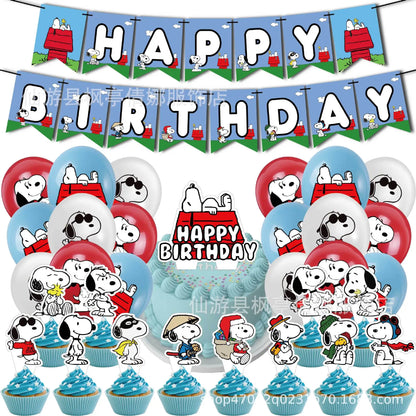 Cute Snoopy Dog Children'S Birthday Party Decoration Set Classic Cartoon Character Flag Pulling Cake Size Label Balloon Set