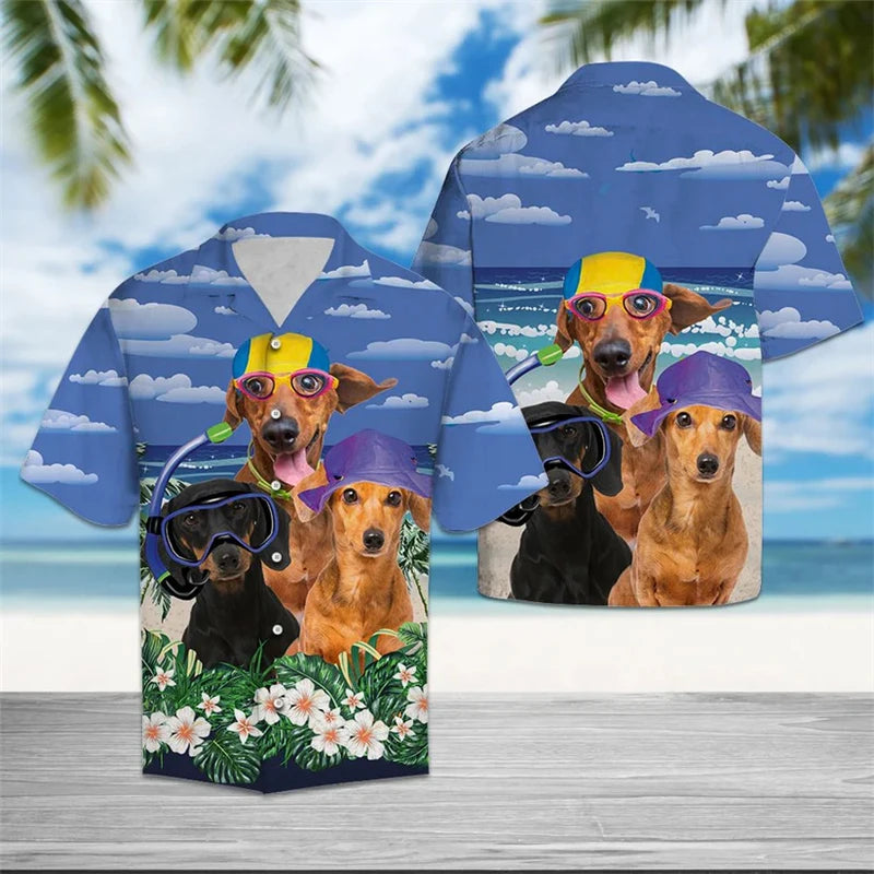 the HAWAIIAN DOG-O - Funny Dachshund Pattern Hawaiian Shirts, Summer Casual Short Sleeve Cute Dog 3D Printed Shirt, Loose Breathable Vacation Blouses