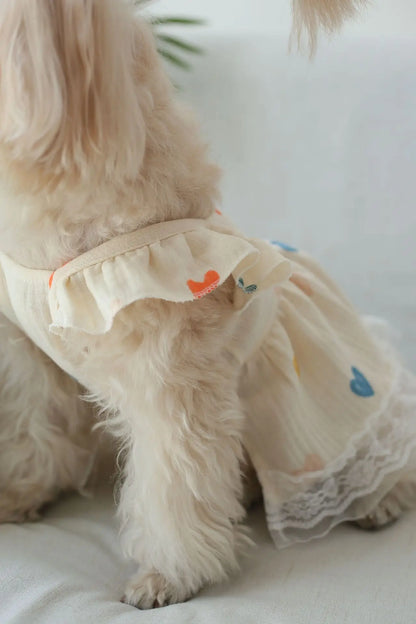 Pet Light Yellow Heart-shaped Little Fly Sleeve Dress Cat and Dog Four Season Vest Puppy Clothes Dog Dresses for Small Dogs