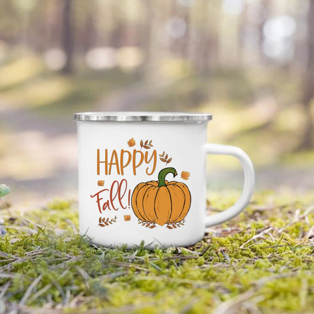 Pumpkin Leaves Dog Cat Printed Enamel Mugs Coffee Cups Fall Thanksgiving Party Wine Juice Mug Handle Cup Autumn Holiday Gifts
