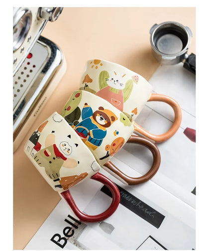 350ML Cartoon Hand Painted Bunny bear Coffee Cups Irregular Ceramic Mug Large Handle Home Office Milk Water Cup Kid's Gifts