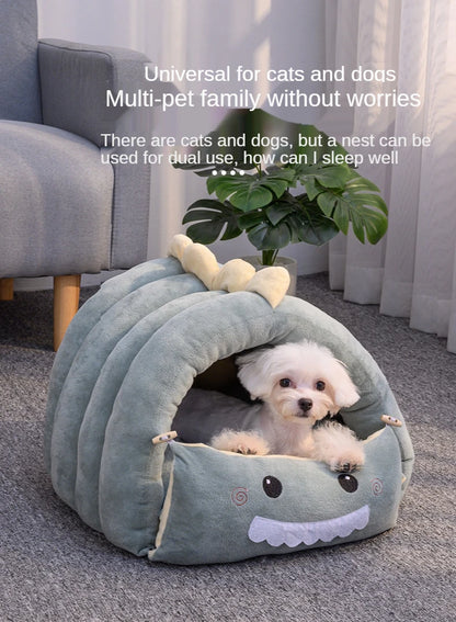 2 In1 Dinosaur Pet Dog House Foldable Cat for Small Dogs Bed Winter Warm Puppy Pads Sofa Removable Sleeping Kennel Nest Products