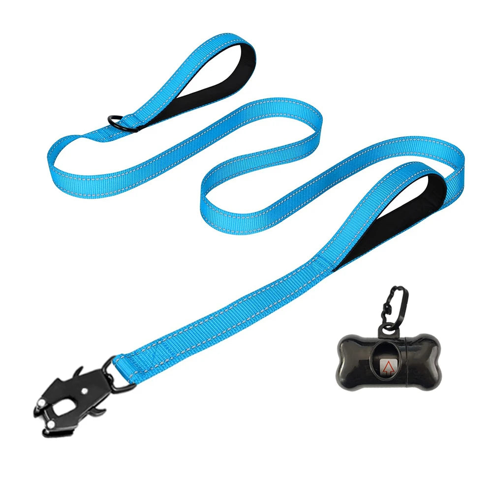 the COMMANDPRO REFLECTIVE LEASH - Heavy Duty Dog Leash - Nylon Reflective with Soft Padded 2 Handle & Auto Lock, Frog Clip, Outdoor Dog Leash with a Dog Poop Bag