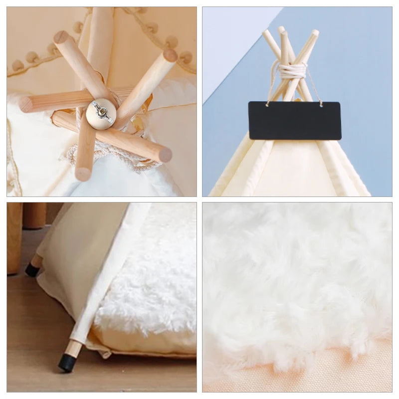 the BEIGE TEEPEE - Dog/Cat Teepee Pets Tent, Portable Dog Tent Bed with Plush Cushion, Soft Kennels Playhouse Removable and Washable Puppy Teepee