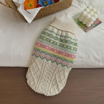 Christmas Dog Sweater Winter Wear, Beige Green Stripe Knitted Pet Clothes, Warm Cozy Festive Apparel for Small Medium Puppies