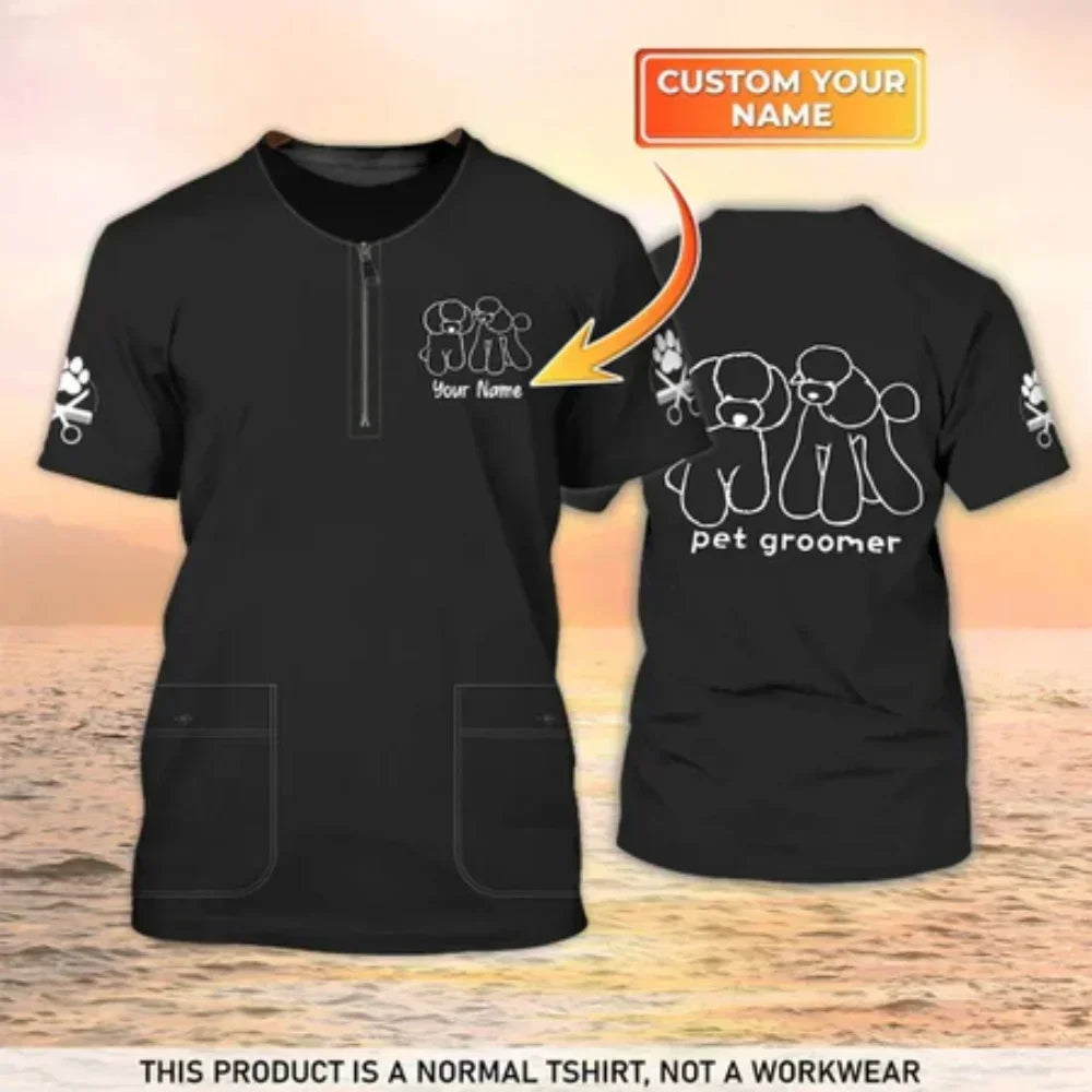 the GROOMER - Dog Grooming Graphic Printed Casual T-Shirts, Pet Groomer Customized Oversized Workwear, EU Size Unisex Pullover