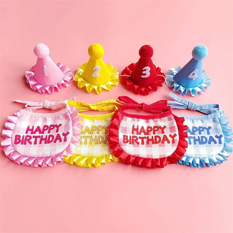 Dog Birthday Scarf Hat Set Cat Birthday Party Supplies Pet Scarf Puppy Birthday Lace Hat Scarf for Small Medium Dog Pet