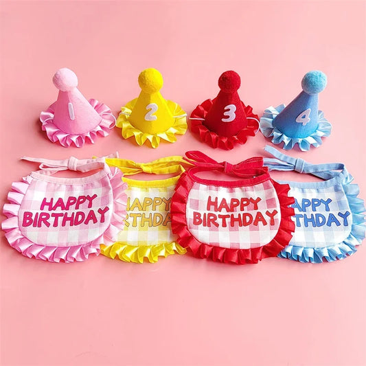 Dog Birthday Scarf Hat Set Cat Birthday Party Supplies Pet Scarf Puppy Birthday Lace Hat Scarf for Small Medium Dog Pet
