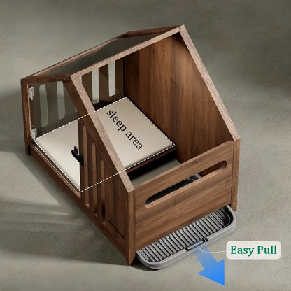 the RETRO DOGGY - Solid Wood Dog Bed with Dog Toilet, Luxury Toilet House Break Semi-Enclosed Breathable Puppy Beds, Easy Clean Indoor Dogs Kennel