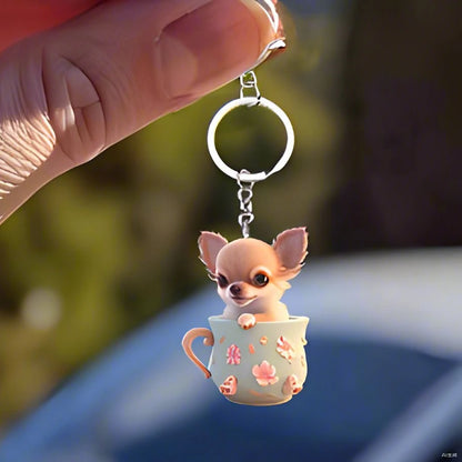 Acrylic 2D Teacup Puppy Keychain for Women Cute Chihuahua Dog Bag Pendant Car Decoration Accessories Key Chain Girl Jewelry Gift
