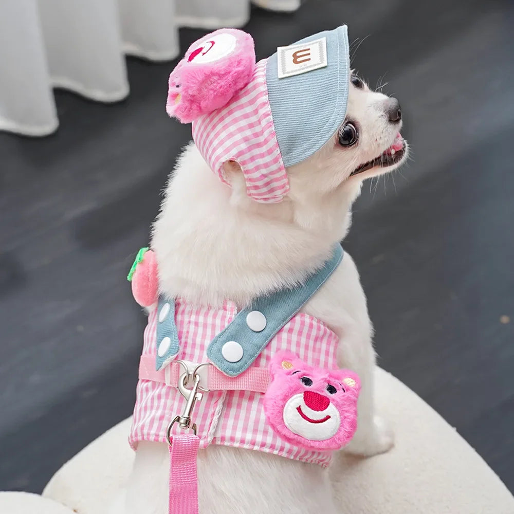 Three-piece Set Pet Cat Dog Chest Harness Traction Rope and Sun Hat Set Spring Summer Breathable Puppy Harness Dog Baseball Cap