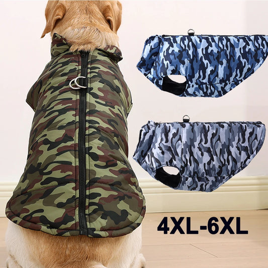 Winter Warm Big Dog Clothes Camouflage Sleeveless Pet Vest Jacket Windproof Large Dog Coat Zipper D-ring 4XL-6XL Puppy Outfits