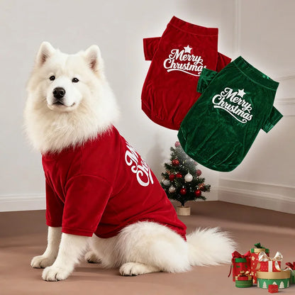 the MERRY WOOFMAS SWEATER - Christmas Velvet Dog Sweatshirt, “Merry Christmas” Print, Warm Soft Pullover, Red/Green, Sizes S–6XL for Small to Large Dogs