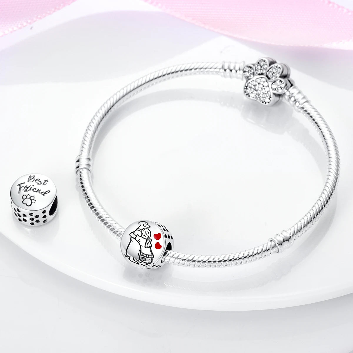 Dog Pet Charms 925 Silver Doggy Paw French Bulldog Bones Beads fit Original Bracelet DIY Fine Jewelry